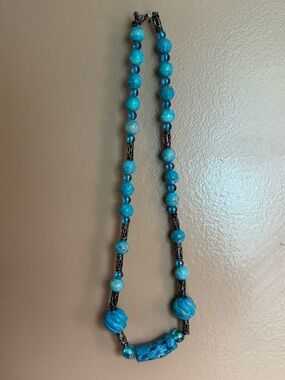 Vintage Blue Beaded Necklace Silver Tone Spacers Toggle Closure Chunky Boho